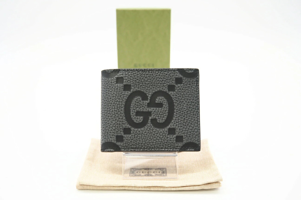 Gucci Jumbo GG Leather Bi fold Wallet Black Gray